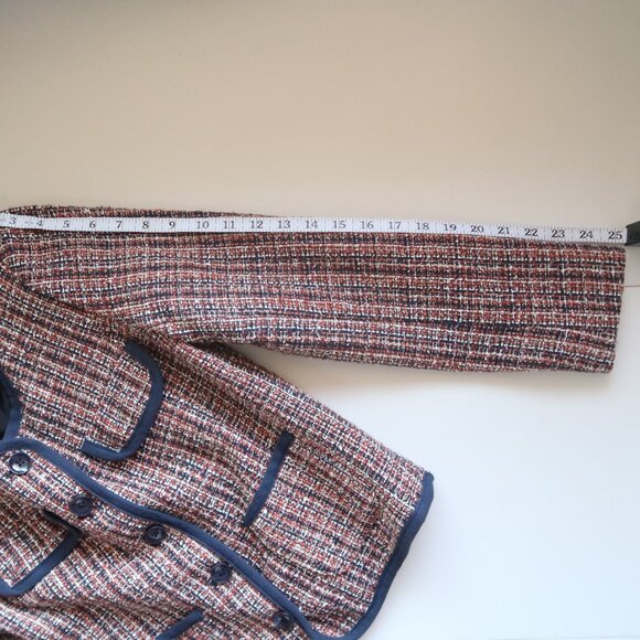 Soaked in Luxury Navy & Tan Tweed Blazer Bouclé Cropped Shoulder Pad Jacket Sz 6 - Picture 15 of 16